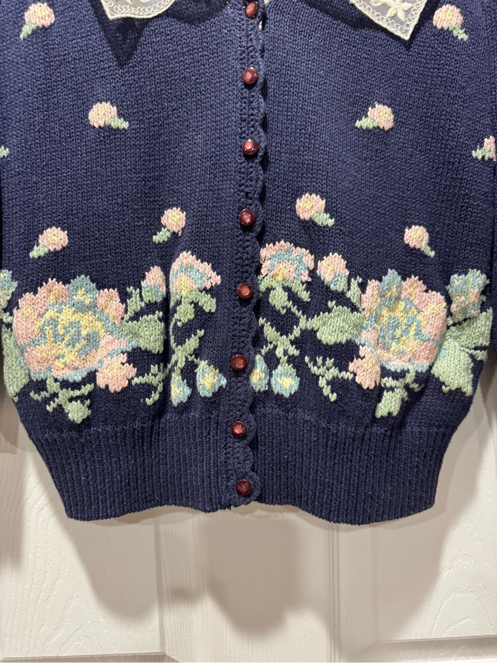 Charming Navy Floral Knit Cardigan Lace Collar Hand Embroidered Feminine Style - Picture 3 of 14
